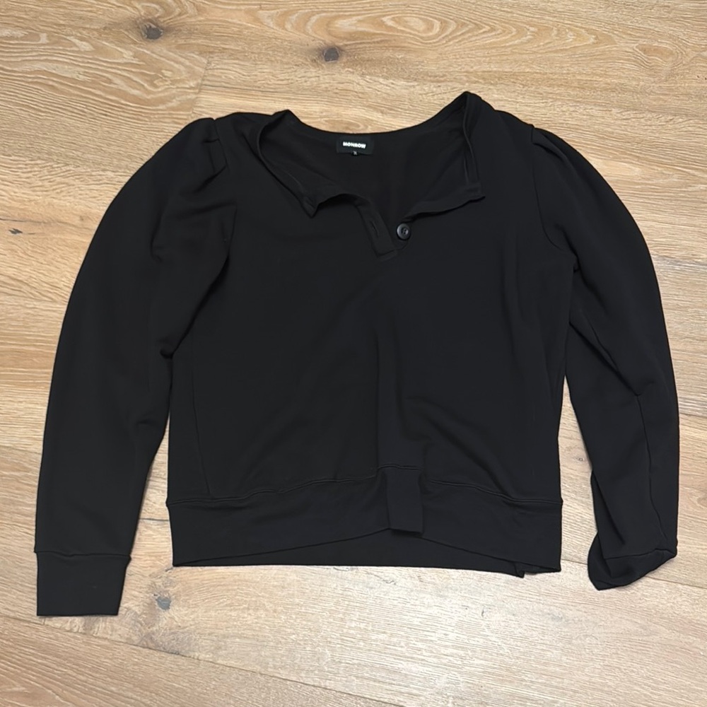 Monrow Black Puff Sleeve Polo Sweatshirt